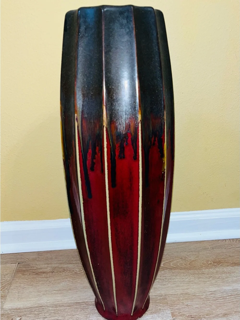 Red and Black Ceramic Floor Vase with Gold Stripe Accents